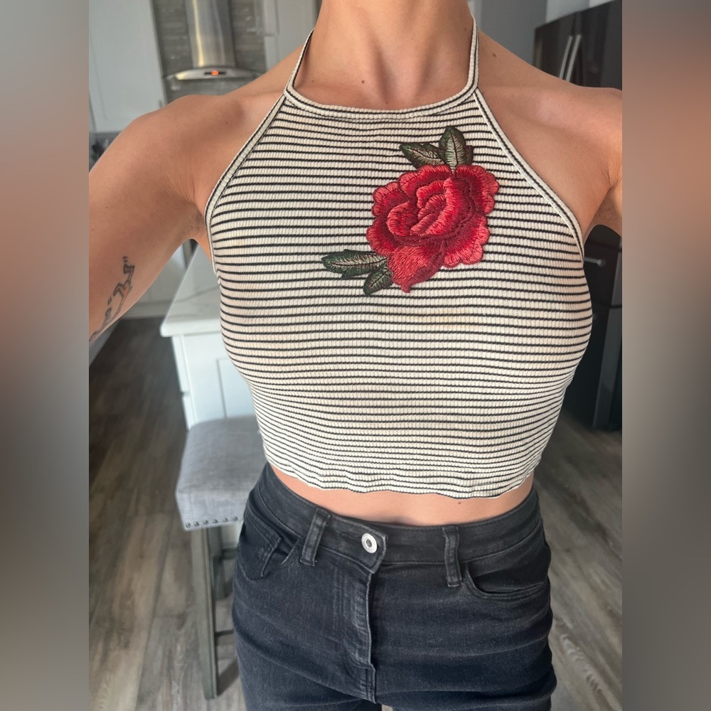 Halter open back crop top by White Fawn white w/ black stripes & rose, size US S